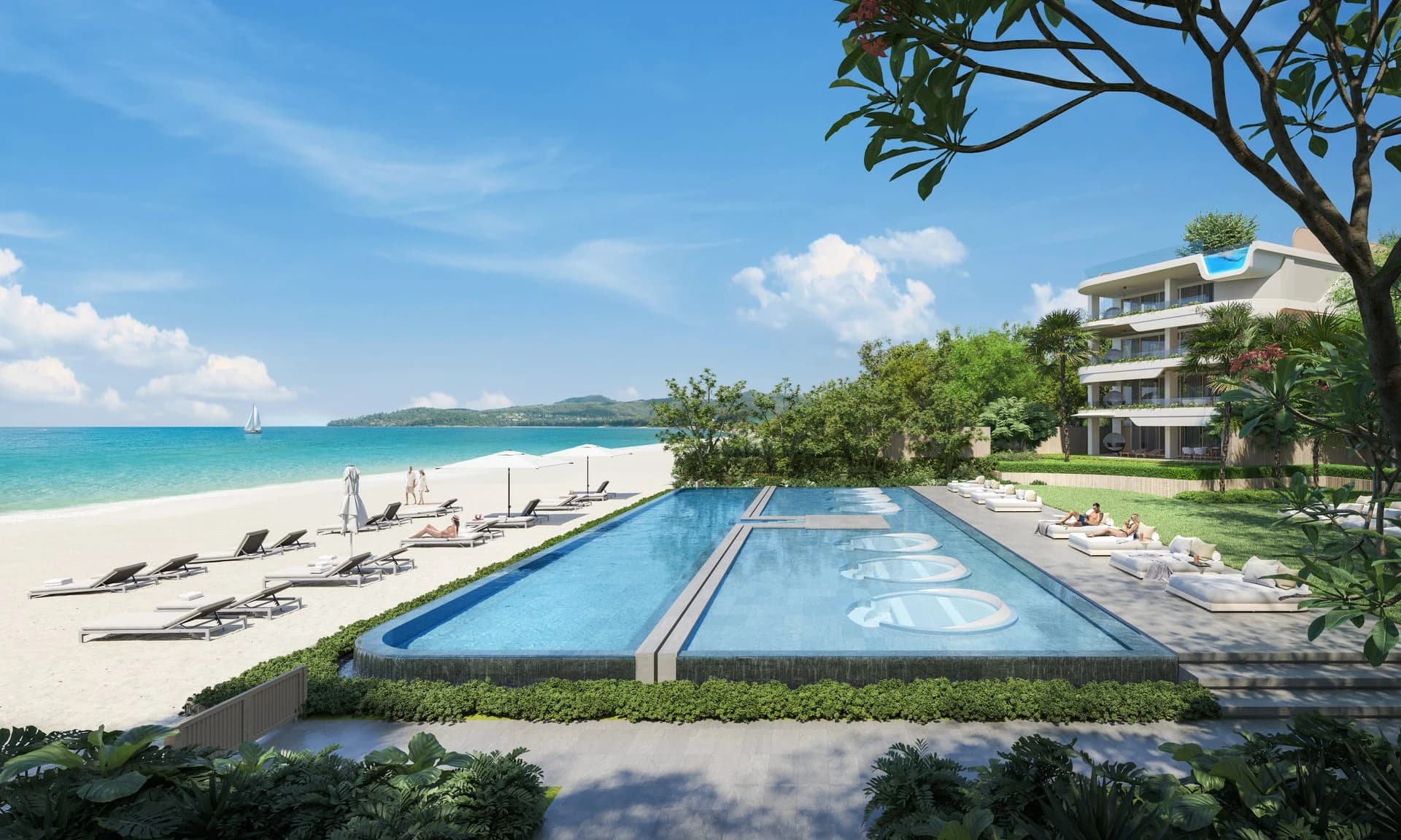 The beachfront lap pool and sun deck, rendering